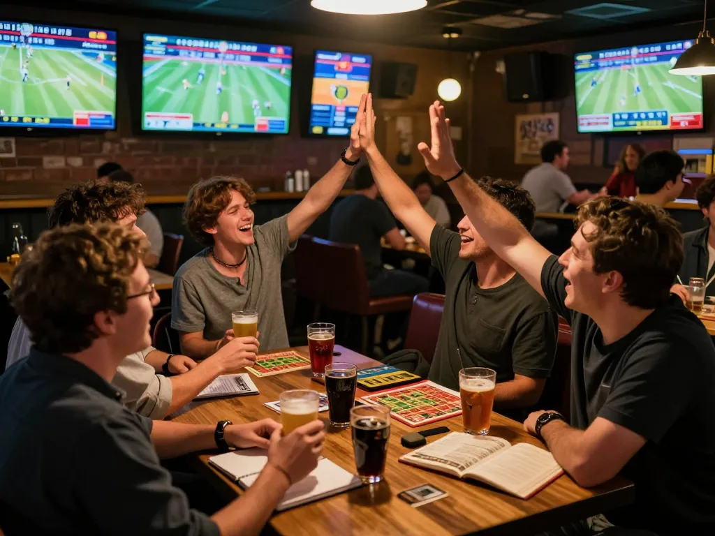 Exciting sports betting scene at a lively sports bar showcasing okwintv, with patrons engaged and multiple screens displaying live matches.