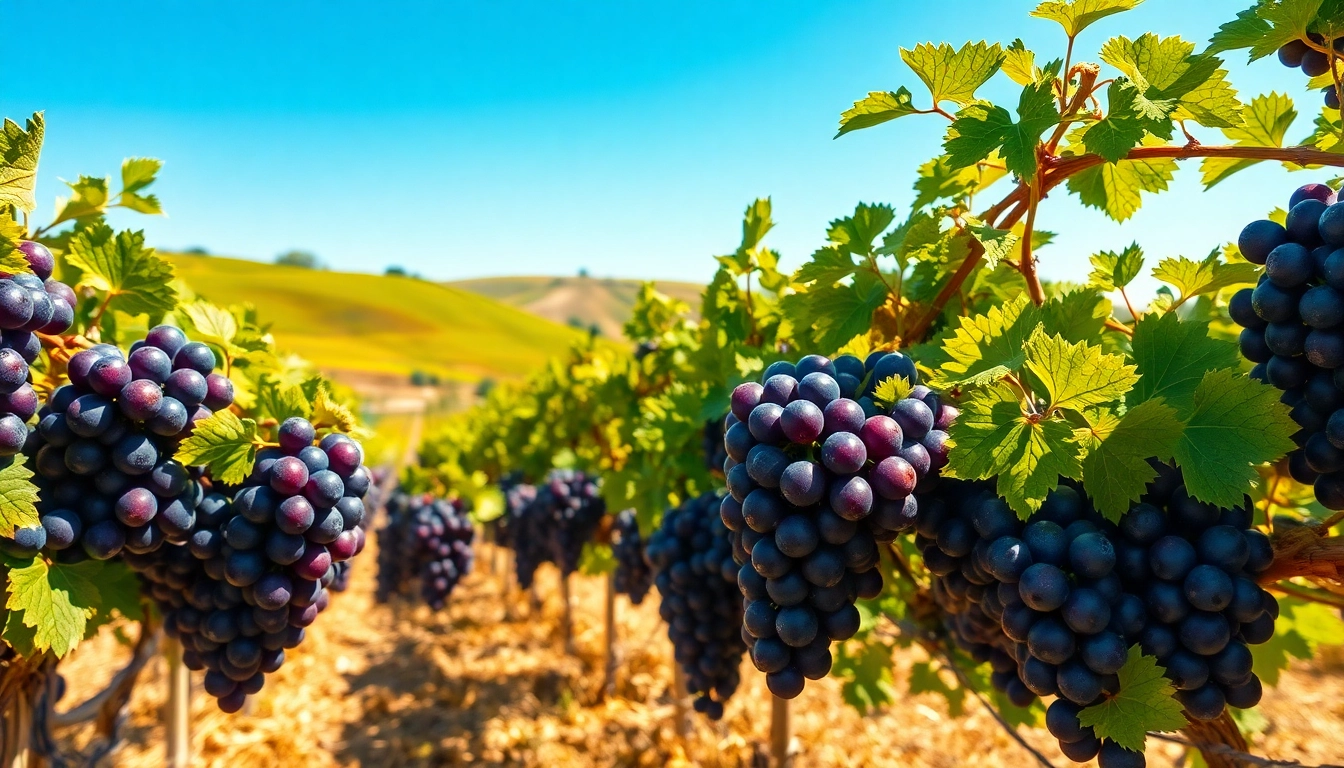 Tempranillo grapes thriving in a sunlit vineyard during harvest season.