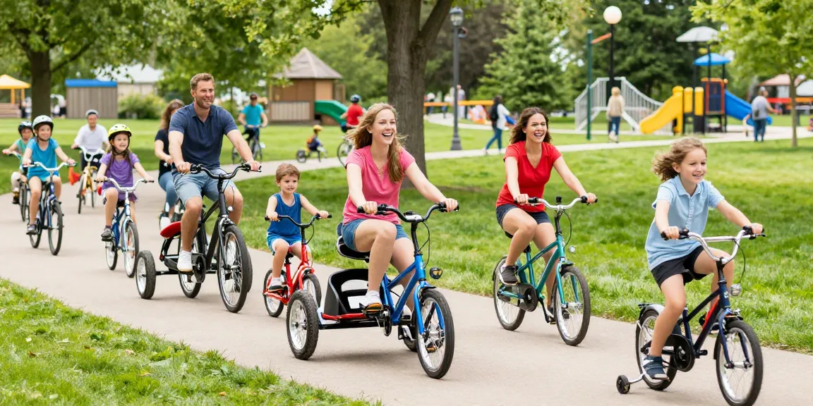 People riding tricycles in a sunny park, showcasing joy and freedom.