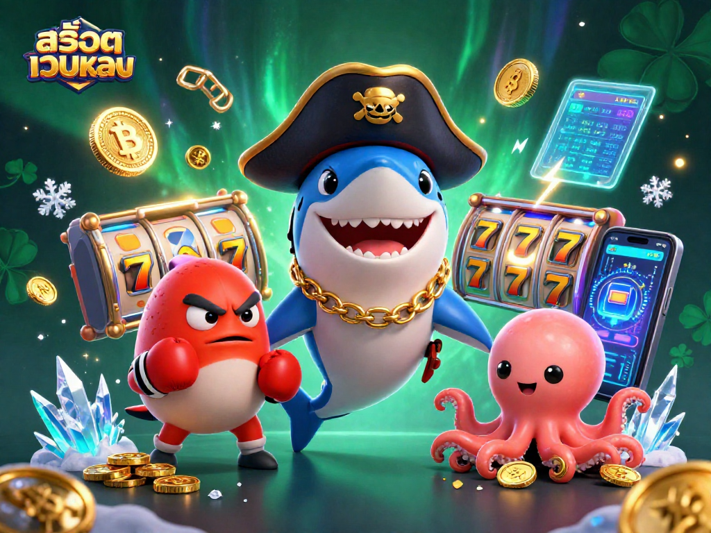 Engage in สล็อตเว็บตรง action with a pirate shark and colorful casino elements for thrilling gameplay.