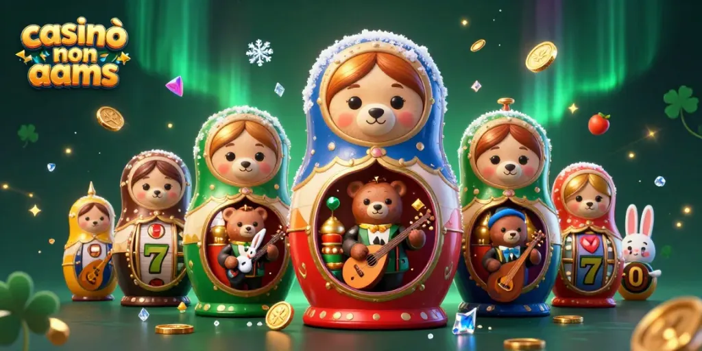 Gioca nei casinò non AAMS con slot e jackpot. Illustrazione con orsi e simboli di fortuna.