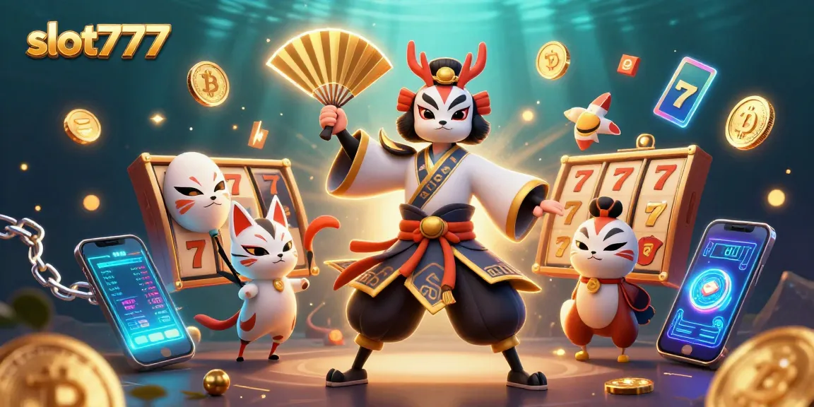 Experience excitement with slot777 as kabuki characters dive into casino games and crypto elements.