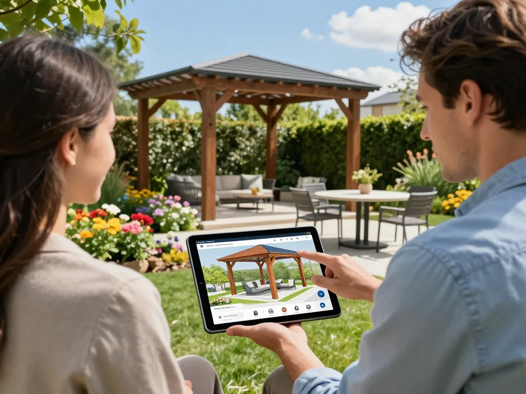 Engaging outdoor scene with a client and designer using the 3D Pergola Configurator to customize a pergola design.