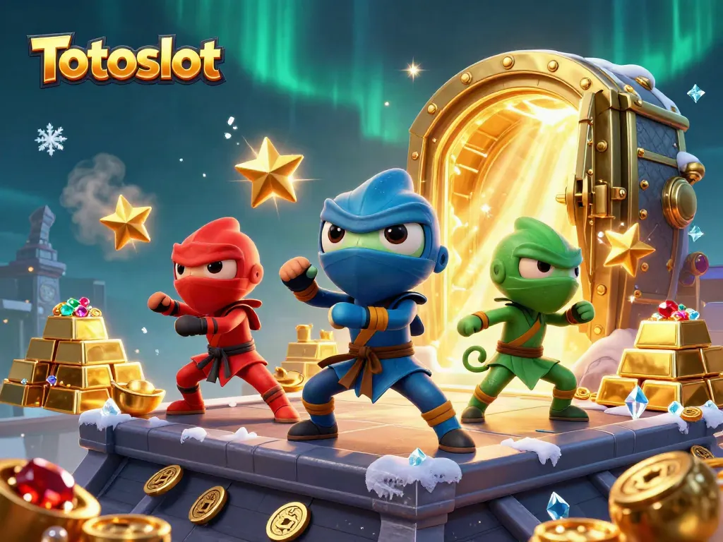 Totoslot menyajikan ilustrasi kasino dengan ninja chameleon bertarung di antara harta karun tanpa batas.