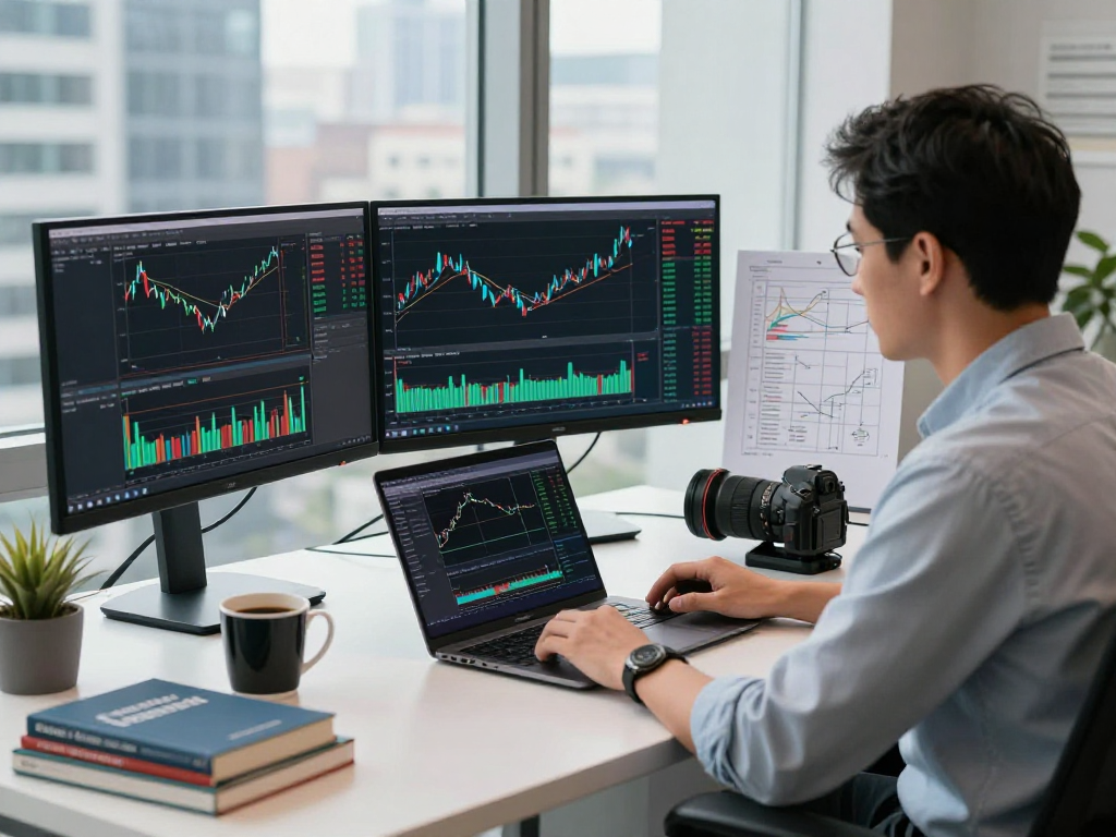 在 TradingView官网 上，交易者在多显示器前分析市场走势，展示专业的交易工具和实时数据。