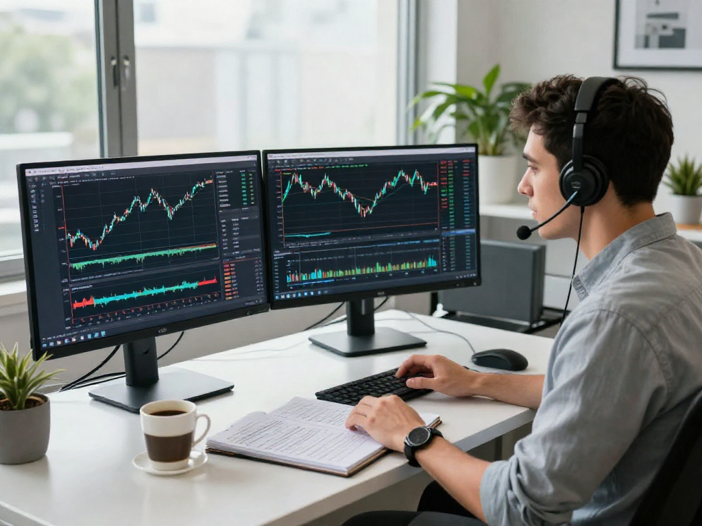 使用MetaTrader 5进行交易分析的专业交易员，现代办公室环境，展示市场深度和技术指标。