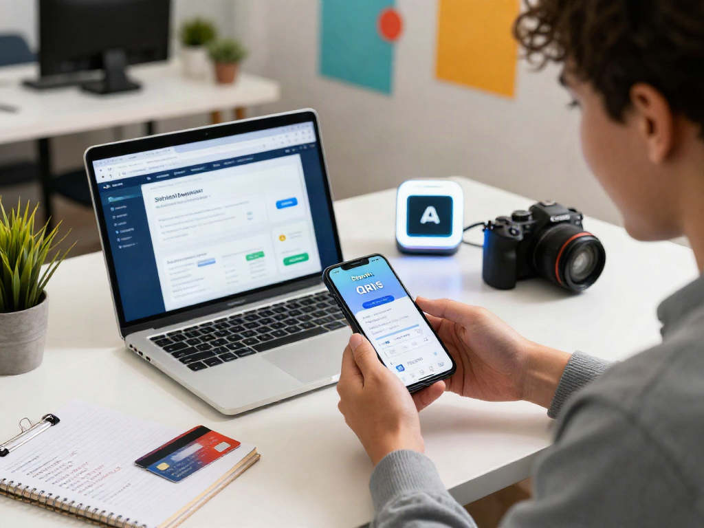 Engaging scene of a person making a slot deposit qris transaction using a smartphone in a modern workspace, showcasing digital payment methods.