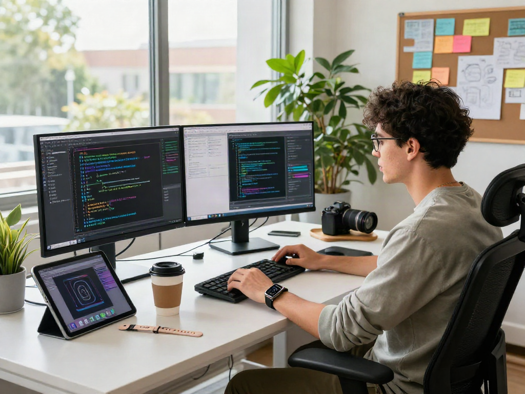 Developer engaged in nsfw ai software creation at a bright tech workspace with multiple monitors and creative tools.