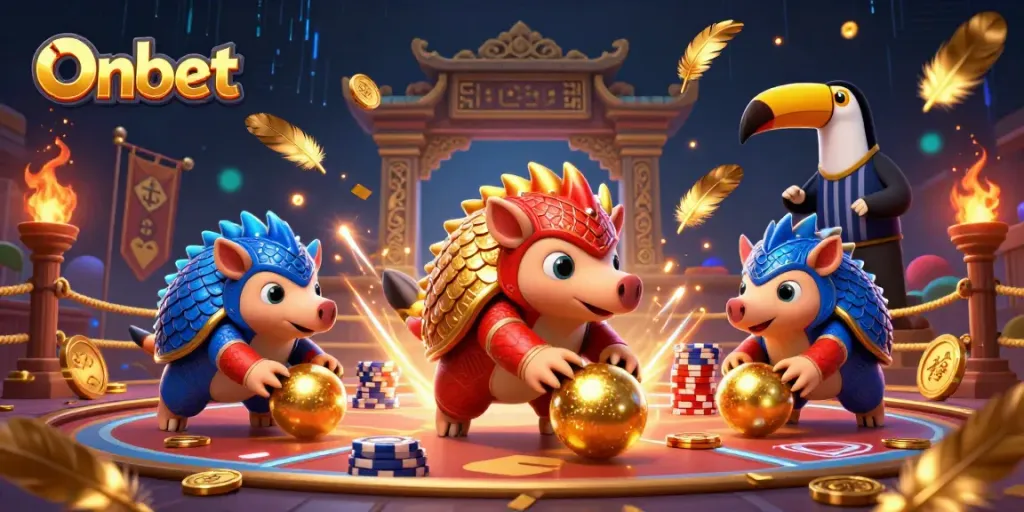 Onbet spins excitement with pangolins in a vibrant casino showdown.