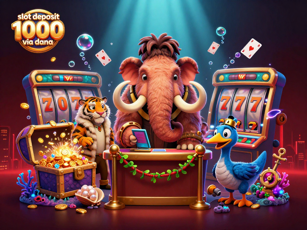 Slot deposit 1000 via dana menghadirkan suasana menarik dengan karakter kasino kartun, simbol keberuntungan, dan elemen kasino lainnya.
