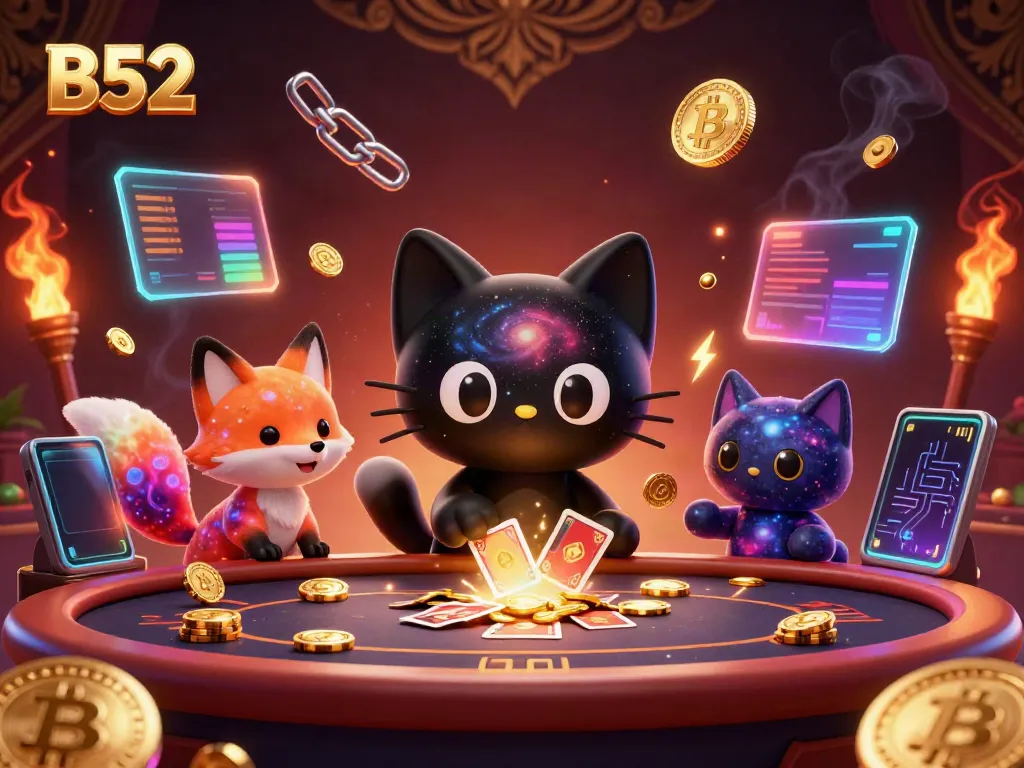 Engage with B52 casino entertainment featuring a black hole cat inviting players to experience cosmic gaming.