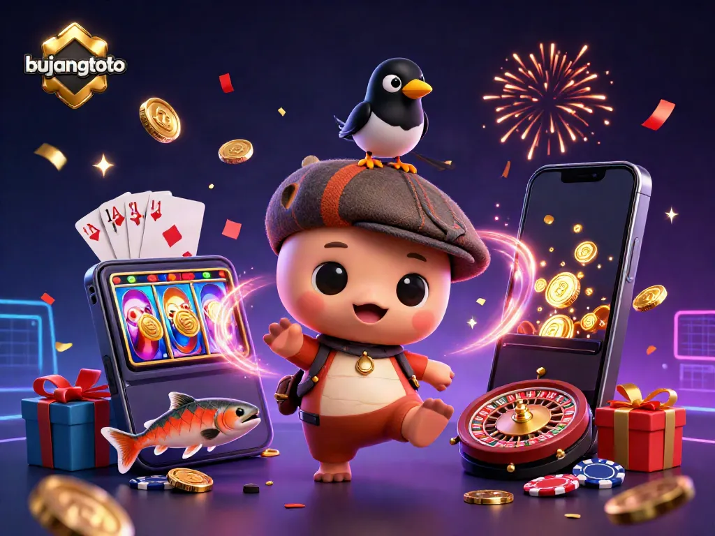 Experience the excitement with bujangtoto: a vibrant illustration featuring game elements and characters celebrating wins.