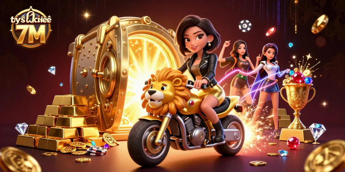 Experience thrilling betting with tỷ số trực tuyến 7M as a glamorous Asian woman rides a golden lion mascot through dazzling treasures.