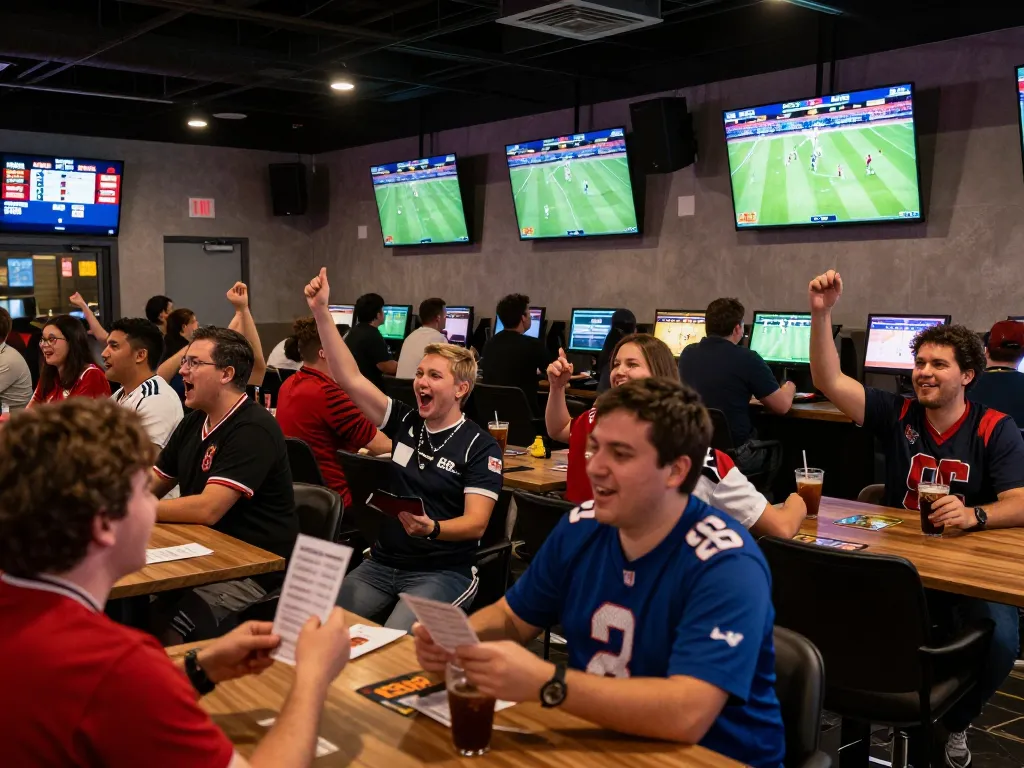 7m sports betting lounge filled with fans cheering as they place bets on live matches.