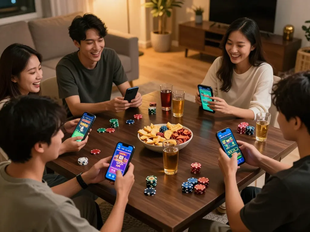 Tg88 apk displayed on smartphones during a fun home casino night with friends enjoying games and snacks.