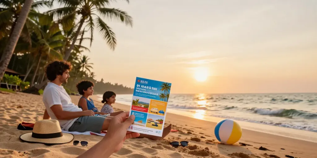 Family enjoying a sunset at a Sri Lankan beach with sri lanka tour packages from delhi with airfare in hand.