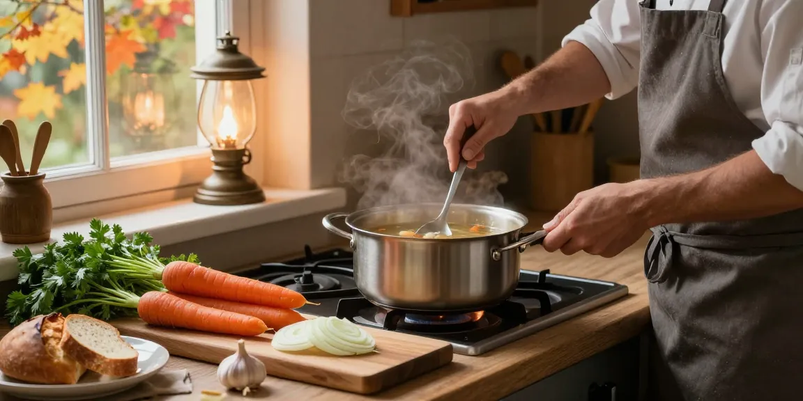 Leckere Klare Suppe, die in einer rustikalen Küche mit frischen Zutaten gekocht wird.