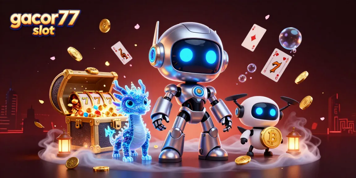 Bermain gacor77 slot dengan robot cyberpunk, naga AI, dan drone membawa koin bitcoin di latar belakang yang cerah.