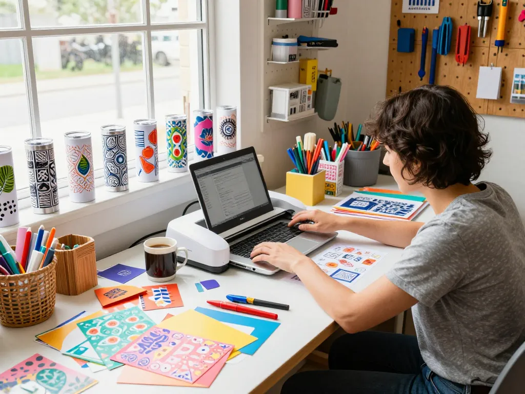 Creative individual using SVG files at a vibrant crafting workspace.