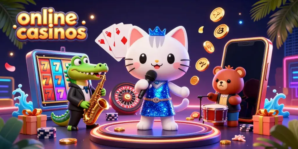 Engage with thrilling online casinos featuring vibrant games and characters in a jazz-inspired scene.