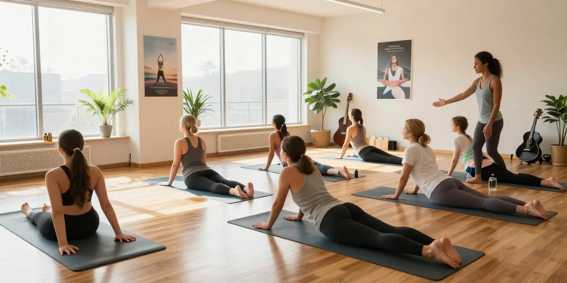 Group practicing yoga in a bright studio, promoting Health and wellness.
