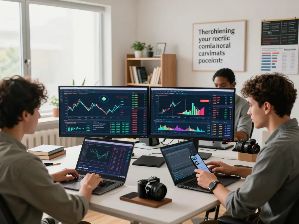 Excited group analyzing charts on a crypto earning platform in a modern home office.