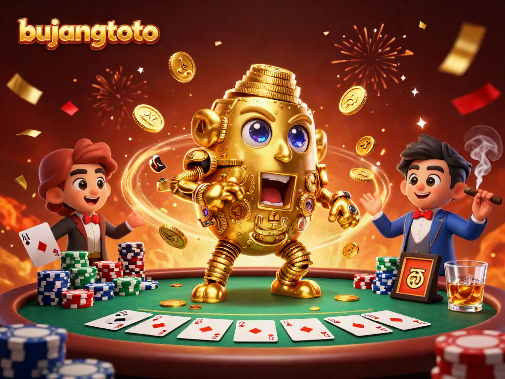 Engage with bujangtoto's vibrant casino scene, featuring a golden golem surrounded by poker action and celebratory effects.