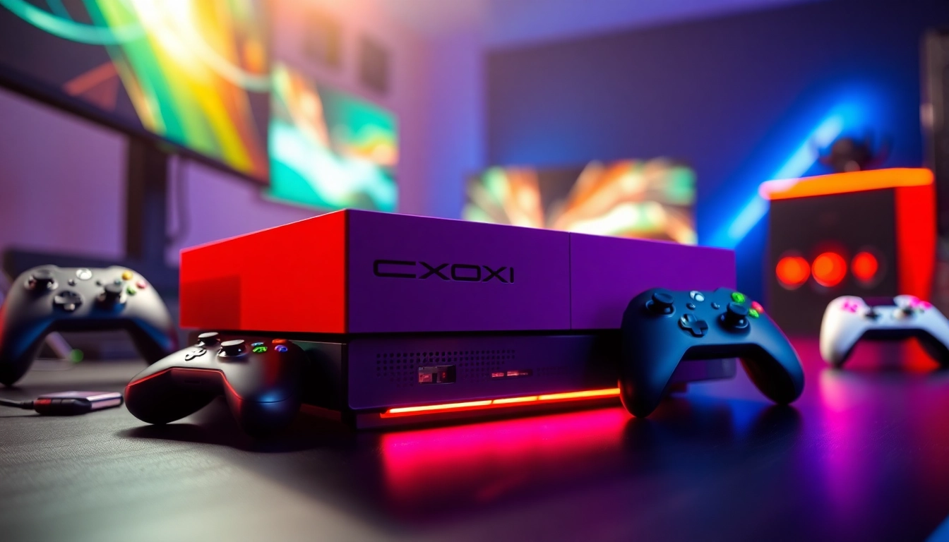 Graj na Xbox, podziwiając jego nowoczesny design i kolorowe kontrolery.