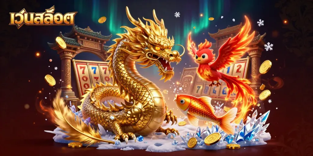 Spin the เว็บสล็อต reels with golden dragon, phoenix, and koi fish in a vibrant, animated scene.