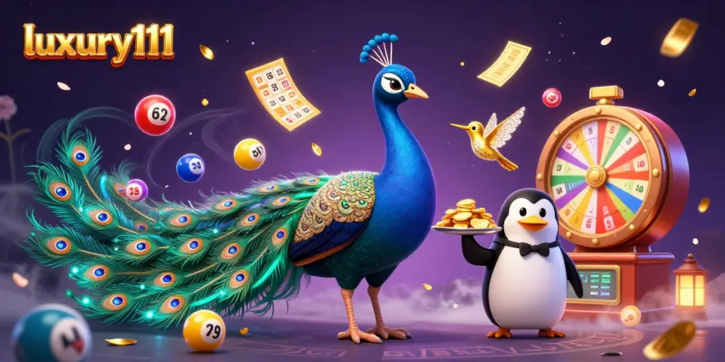 Engage with luxury111's vibrant casino world featuring a peacock and a butler penguin amidst dynamic gambling elements.