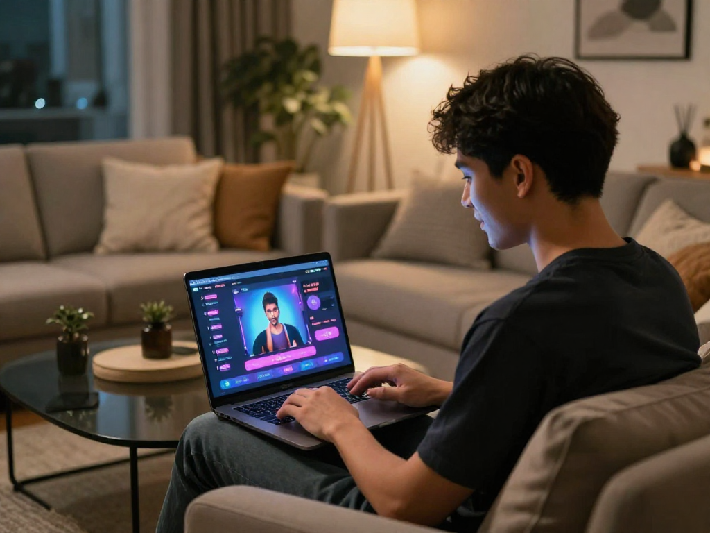 Engaging ai porn chat interaction in a modern living room setting, showcasing colorful characters on screen.