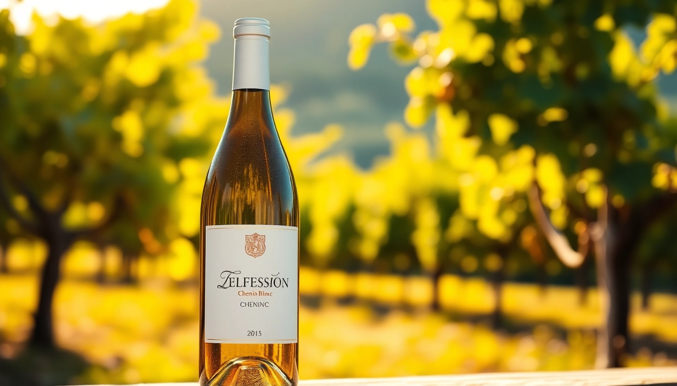 Showcasing a bottle of Chenin Blanc in an elegant vineyard setting under warm sunlight.