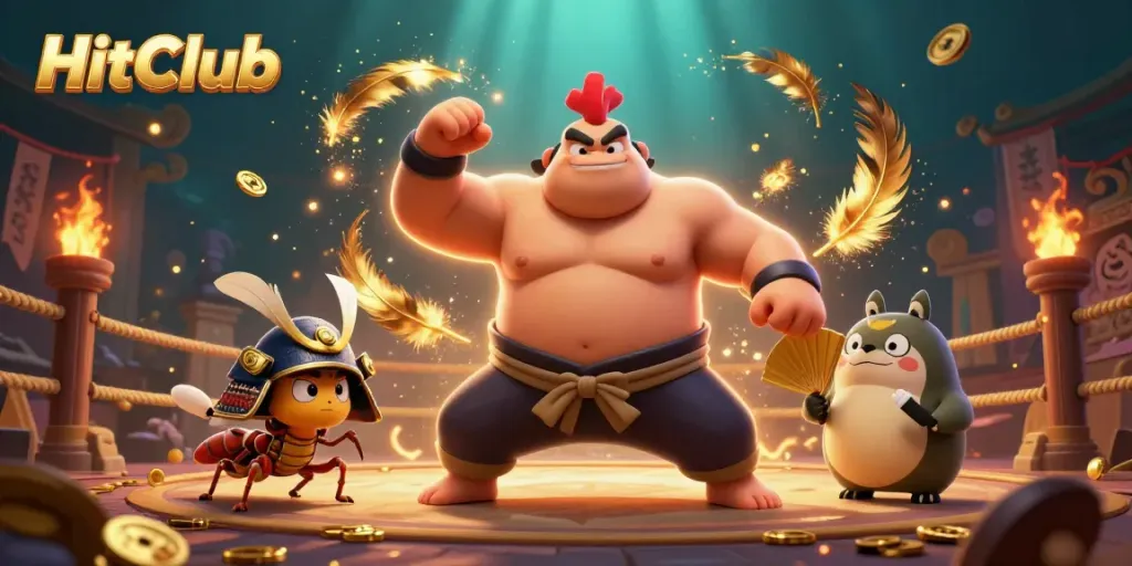 HitClub gameplay illustration featuring sumo wrestler, cricket, and tanuki in a vibrant casino arena