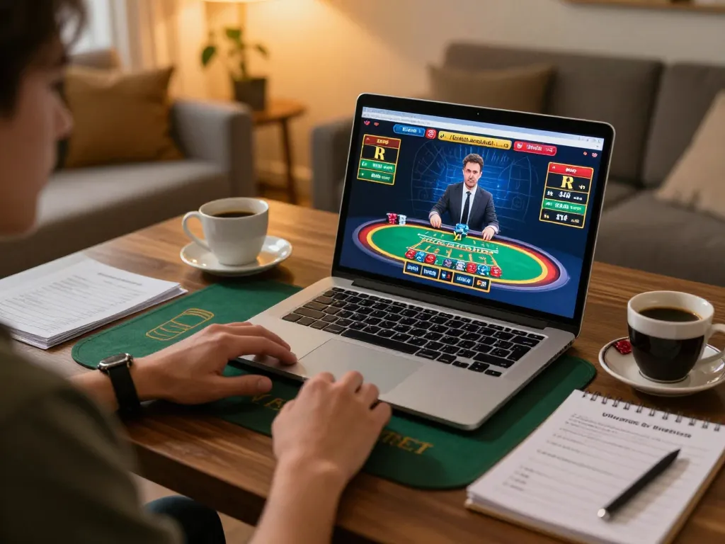 Engaging in uu88 bet live dealer games at home, showcasing excited player and lively interface