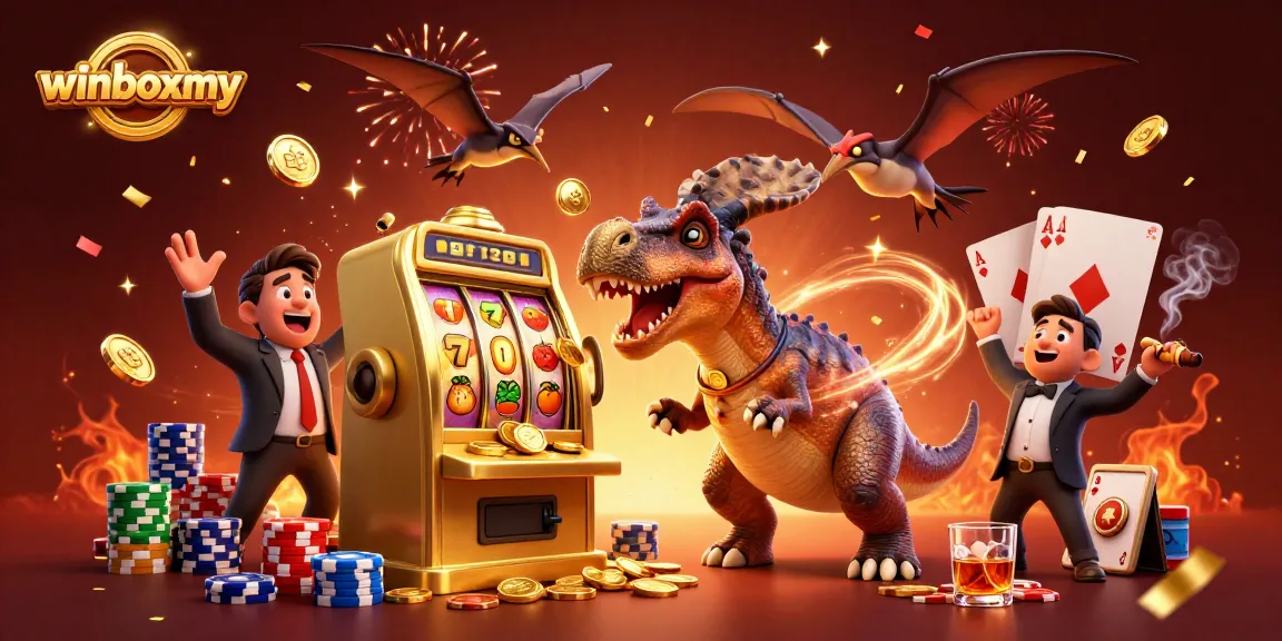 WinboxMY showcases a pachycephalosaurus celebrating a jackpot while an ankylosaur manages the casino, emphasizing thrilling gaming moments.
