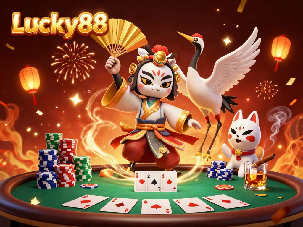 Experience the vibrant action at Lucky88, featuring a kabuki warrior and poker elements in a festive casino scene.