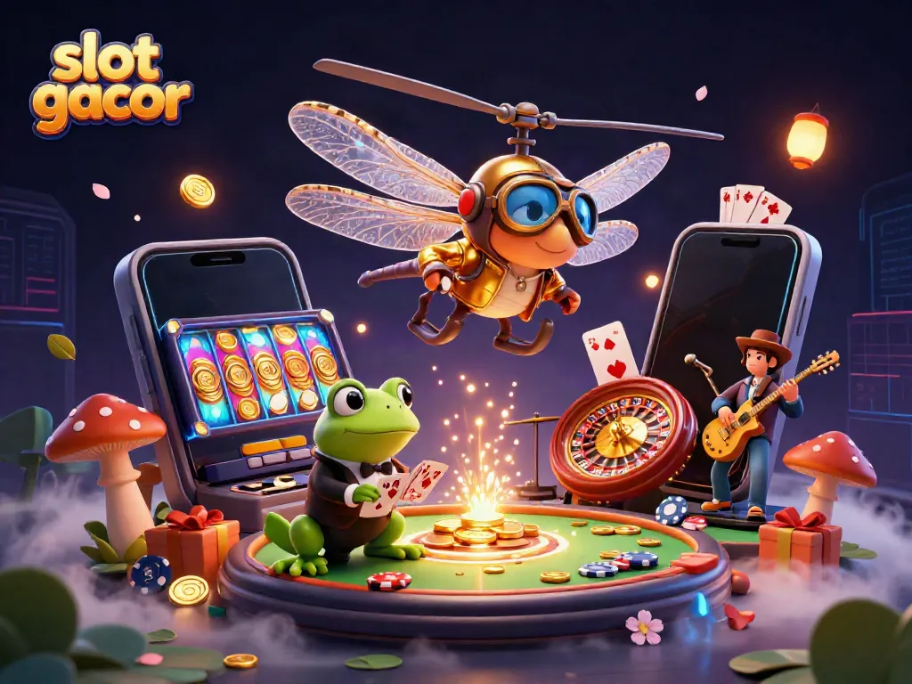 Gambarkan slot gacor yang seru di kasino dengan karakter lucu dan elemen permainan menarik.