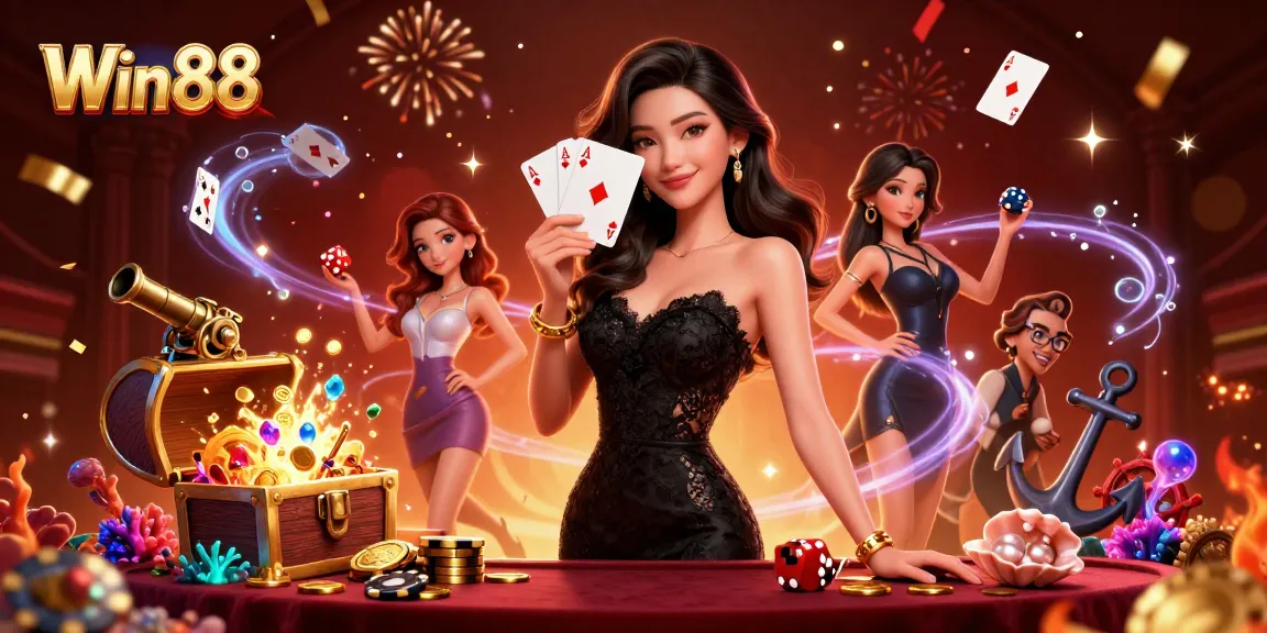 Win88: elegant Asian woman enjoying playing cards in a vibrant gaming scene filled with casino elements
