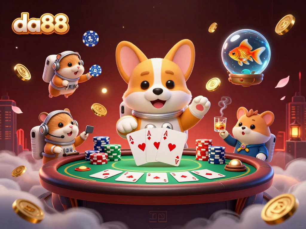 Engage with da88 in this vibrant illustration of a casino scene with a floating corgi and an energetic atmosphere.