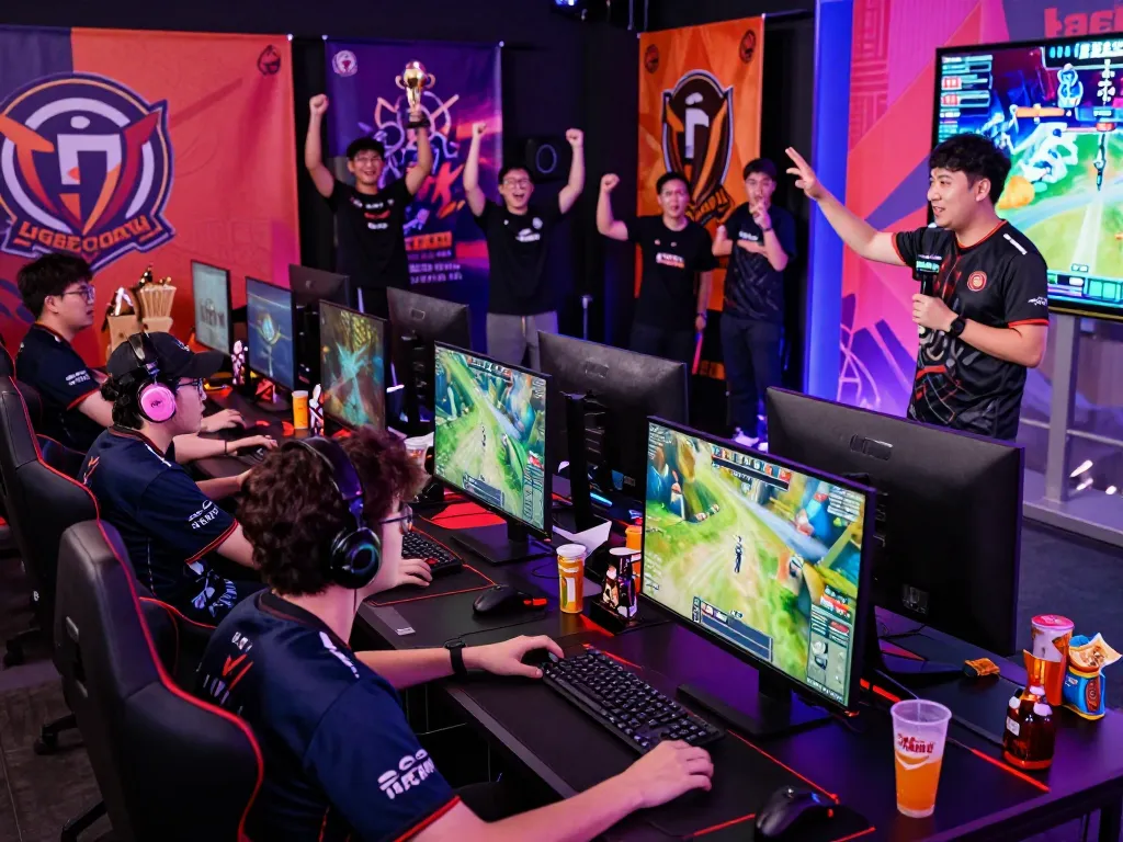 Exciting ligasedayu gaming tournament showcasing diverse players in jerseys, vibrant atmosphere with neon lights, and host announcing winners.