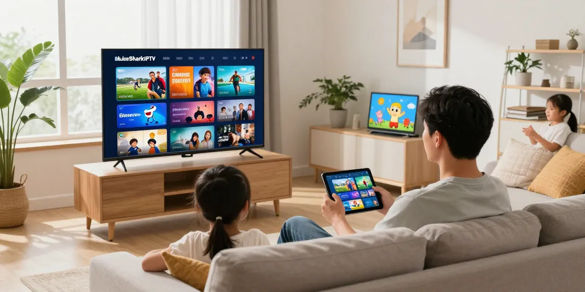 Enjoy family entertainment with BlueSharkIPTV streaming vibrant HD channels in a cozy living room.