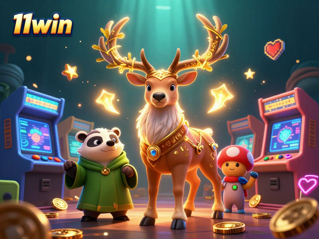 11win showcases a vibrant 3D casino scene with druid characters and dynamic arcade game elements.