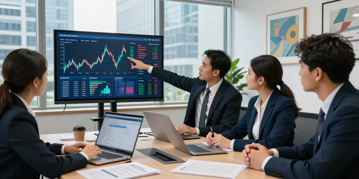 Financial crime intelligence analysis team collaborating in a modern office, showcasing data visualizations and strategic discussions.