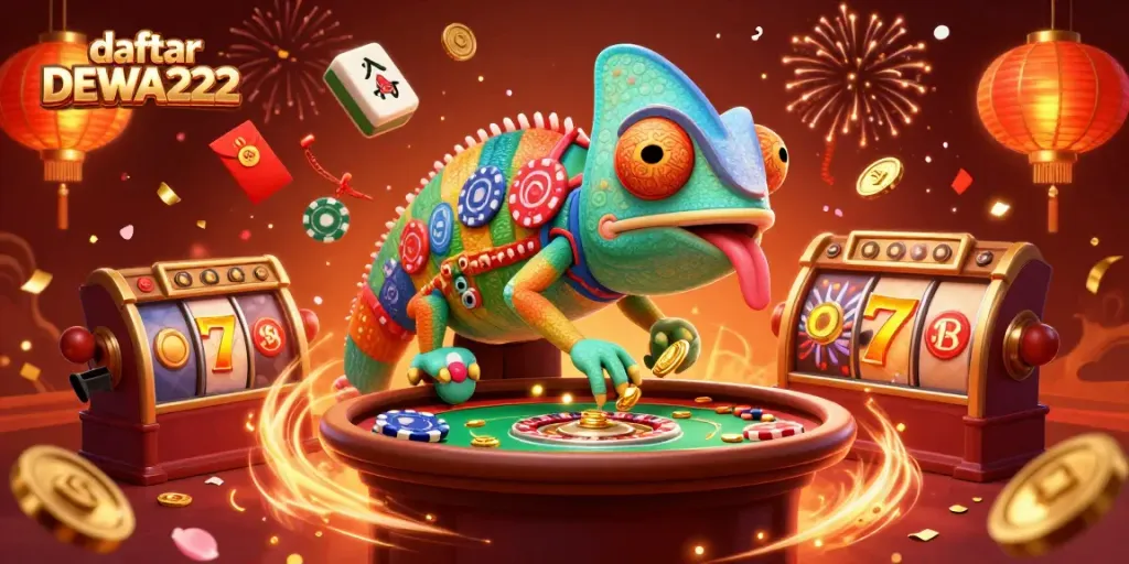 Experience the thrill of daftar DEWA222 with an exciting casino scene featuring a playful chameleon.
