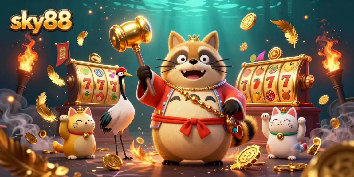 Sky88's vibrant illustration showcases a cheerful tanuki and a crane in a dynamic casino scene.