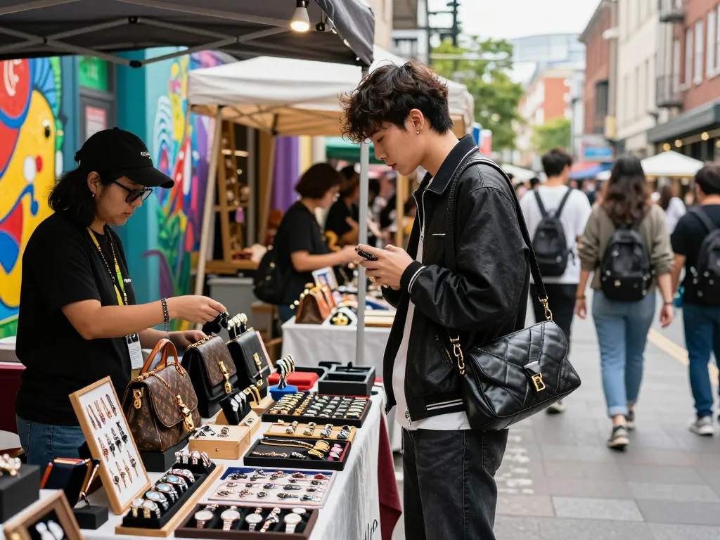 Shopper exploring 레플리카 fashion accessories at trendy market with vibrant street art.