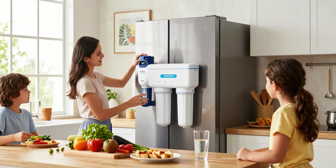 Family replacing Waterdrop EDR3RXD1 Replacement for Everydrop® Filter 3 in a bright kitchen with fresh ingredients.