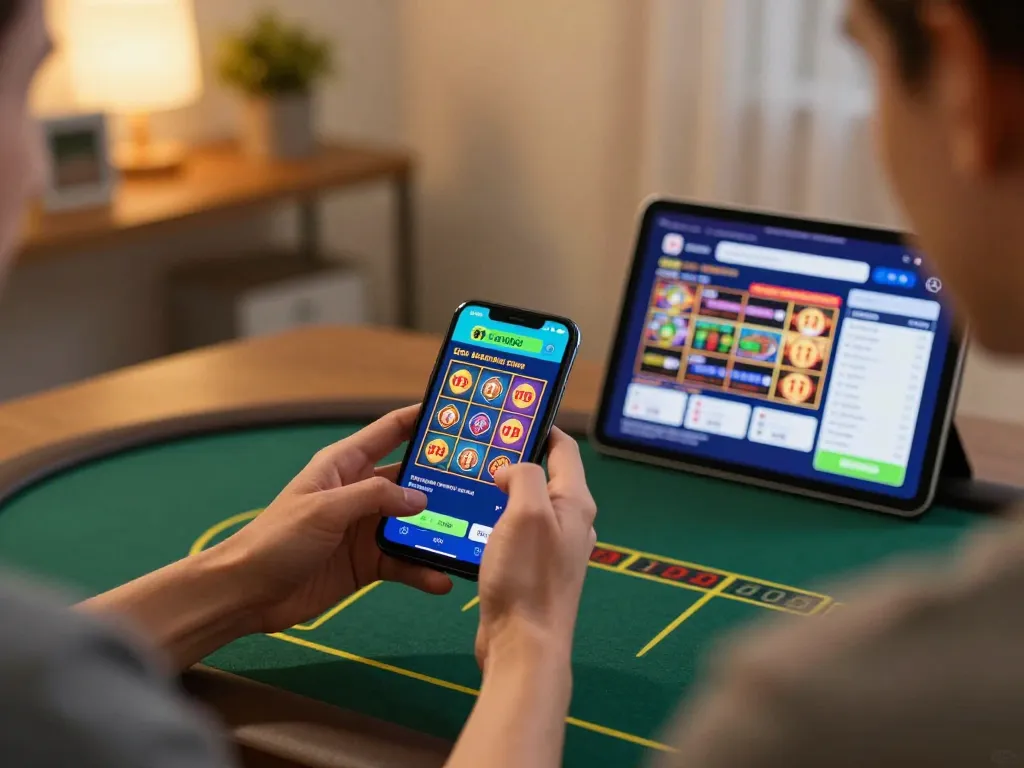 Engaging in m88 capital mobile gaming strategy at home, showcasing colorful slots on smartphone