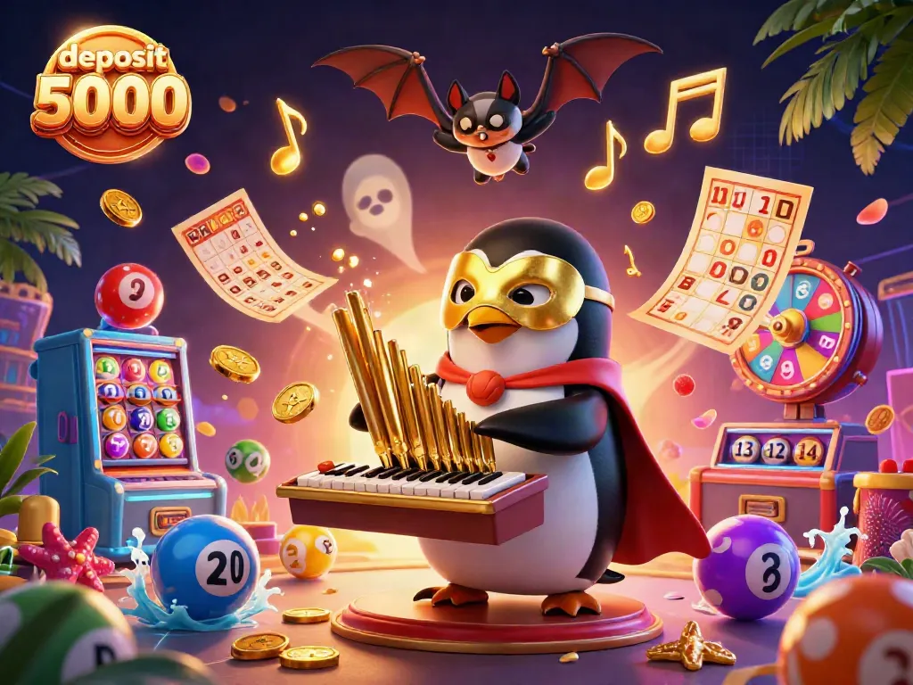 Experience exhilaration with deposit 5000 in this vibrant 3D casino scene filled with slots, golden coins, and lively characters.
