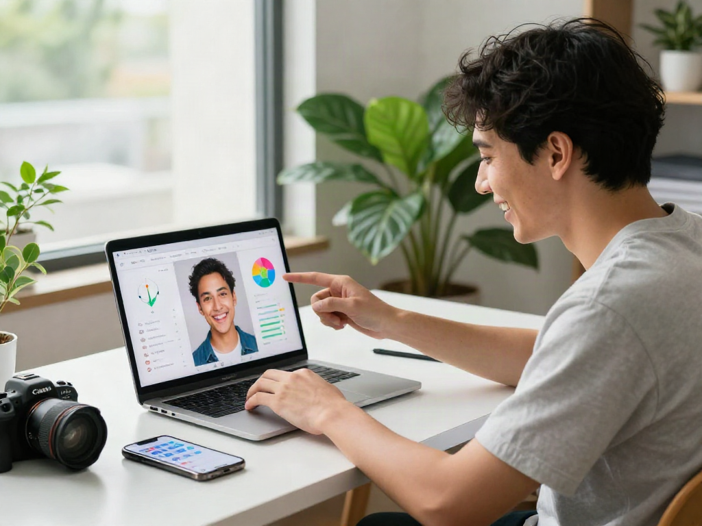 Test of attractiveness in a modern workspace, young adult engaging with AI tools.